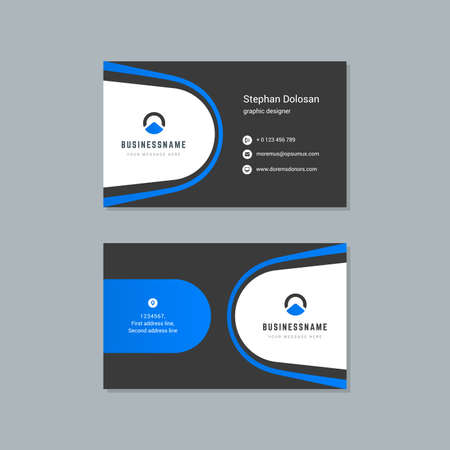 Business card design blue and black colors template modern corporate branding style vector illustration. Two sides with abstract logo on clean backgroundのイラスト素材