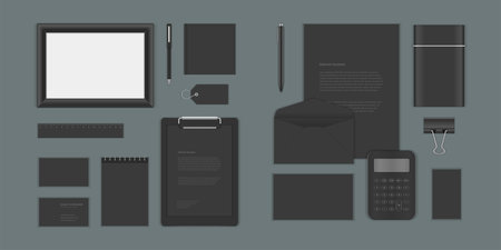 Business corporate identity mock ups template for Logo presentation design elements vector set. Stationery objects business card, blank paper, envelope and other.のイラスト素材
