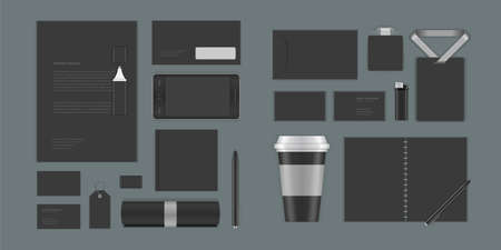 Business corporate identity mock ups template for Logo presentation design elements vector set. Stationery objects business card, blank paper, envelope and other.のイラスト素材