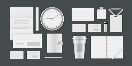Business corporate identity mock ups template for Logo presentation design elements vector set. Stationery objects business card, blank paper, envelope and other.のイラスト素材