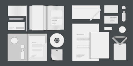 Business corporate identity mock ups template for Logo presentation design elements vector set. Stationery objects business card, blank paper, envelope and other.のイラスト素材