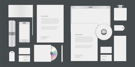 Business corporate identity mock ups template for Logo presentation design elements vector set. Stationery objects business card, blank paper, smartphone and other.のイラスト素材