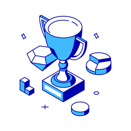 Minimalist award cup with gem and chart diagram business achievement isometric vector illustration. Best champion succeed victory triumph win corporate strategy development analyzingのイラスト素材