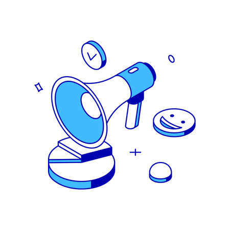 Digital marketing announce megaphone statistics analyzing chart diagram isometric vector illustration. Internet advertising campaign with bullhorn analytics social networking promotion 3d iconのイラスト素材