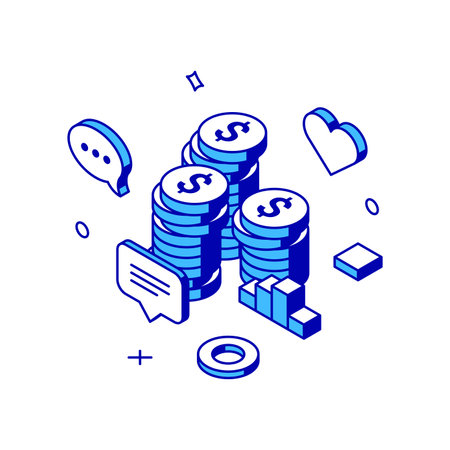 Online social marketing successful strategy promo campaign cash coin currency wealth 3d icon isometric vector illustration. Making money via internet financial strategy product advertising developmentのイラスト素材