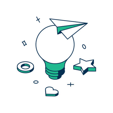 Business startup brainstorming innovation idea glowing light bulb 3d icon isometric vector illustration. Corporate profit strategy development discovery imagination improvement company solutionのイラスト素材
