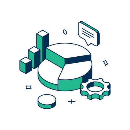 Company statistic development strategy analyzing chart report marketing optimization 3d icon isometric vector illustration. Management information research analytics process with graphic gearのイラスト素材