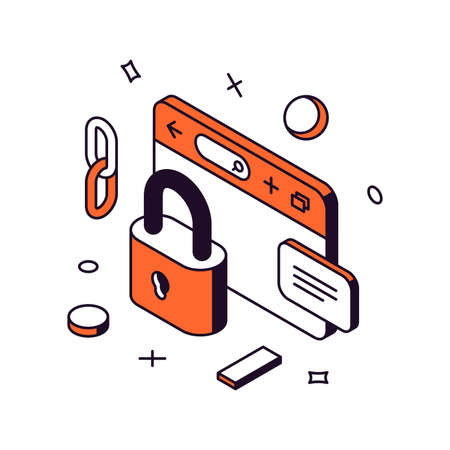 Internet security browser cyberspace protection with lock searching information incognito 3d icon isometric vector illustration. Online crime safety antivirus protect privacy hacking secure isolatedのイラスト素材