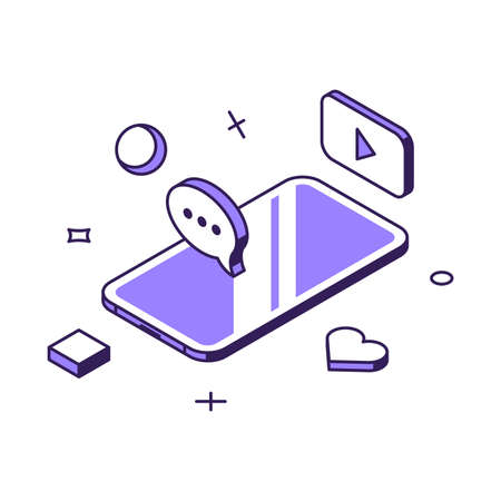 Social network entertainment multimedia content user interface smartphone remotely online communication 3d icon isometric vector illustration. Cyberspace blogging promotion materials applicationのイラスト素材