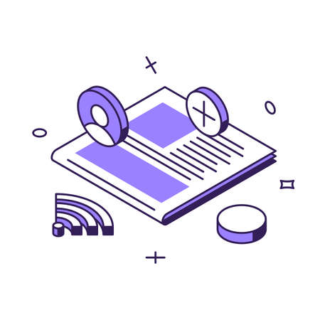 Online service web site reading global local news content creating 3d icon isometric vector illustration. Internet business report information newspaper data webpage social networking applicationのイラスト素材