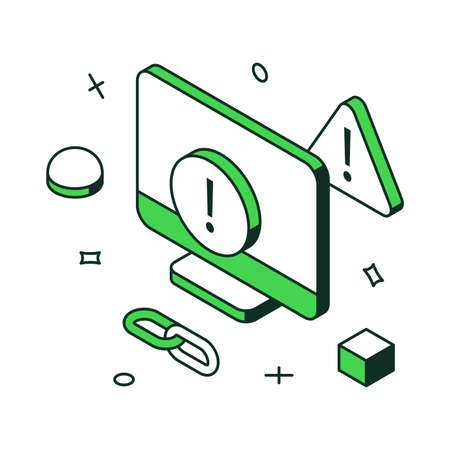 Web development coding and programming process with computer monitor exclamation mark 3d icon isometric vector illustration. Create application user interface software website building technologyのイラスト素材