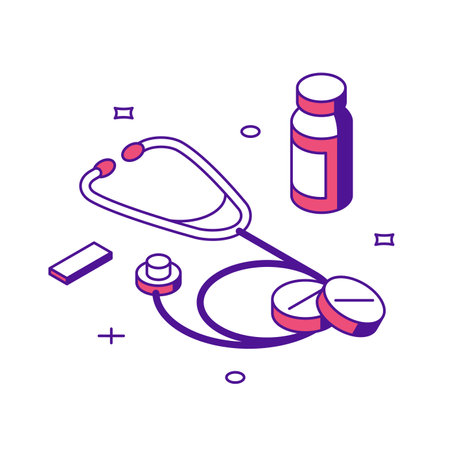 Minimalist medicine traditional symbols stethoscope and tablet pills for patient getting well isometric vector illustration. Medical equipment for doctor examination. Healthcare supplements, drugstoreのイラスト素材