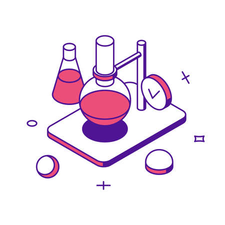 Successful chemistry laboratory science researching experimentation with flask 3d icon isometric vector illustration. Innovation medical discovery biology development pharmaceutical study analysisのイラスト素材
