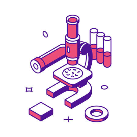 Medical scientific research innovation discovery laboratory biotechnology with microscope 3d icon isometric vector illustration. Chemistry dna molecule chromosome chemistry engineering experimentのイラスト素材