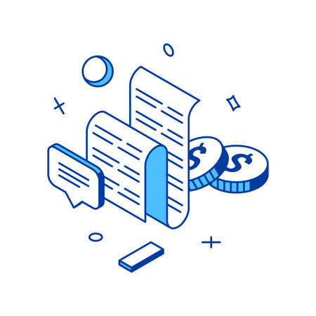 Online shopping list receipt and coin cash money financial document buying goods 3d icon isometric vector illustration. Commercial sale discount promotion account retail service business designのイラスト素材
