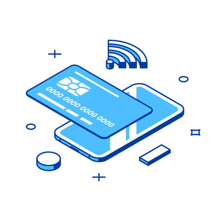Online shopping credit card smartphone contactless payment goods purchasing 3d icon isometric vector illustration. Internet e commerce retail digital store financial banking pay cyberspace technologyのイラスト素材