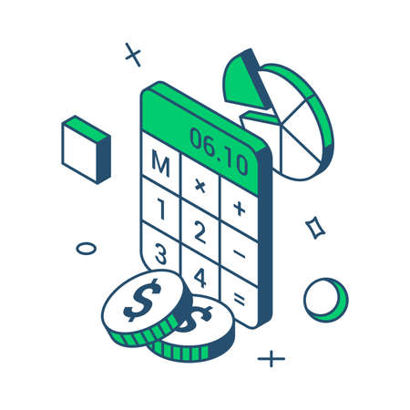 Finance banking calculation budget balance expenses and income investment account 3d icon isometric vector illustration. Accounting analyzing financial forecast bookkeeping and auditing tax evaluationのイラスト素材