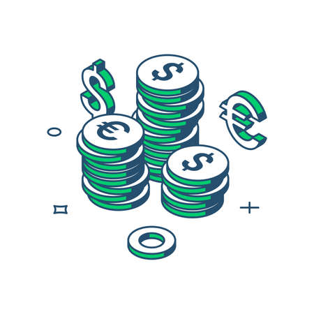 Stack of golden currency coins banking and finance economy richness 3d icon isometric vector illustration. Heap of wealth treasure income profit. Metallic cash money pile for payment exchangeのイラスト素材