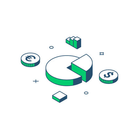 Currency financial market budget analysis chart diagram cash money coins 3d icon isometric vector illustration. Accounting banking balance economy global investment management profit risk optimizationのイラスト素材