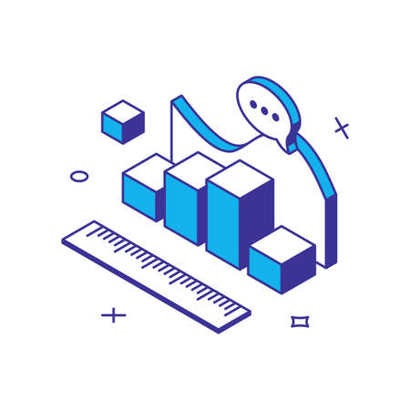 Banking data analyzing measurement ruler scheme columns dashboard business report presentation isometric vector illustration. Development strategy planning diagram analysis research studyingのイラスト素材