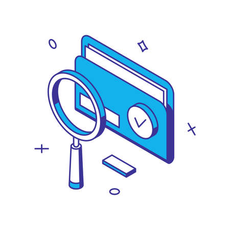 Digital data analyzing document folder business profit result with magnifying glass 3d icon isometric vector illustration. Checking financial datum marketing optimization strategy searching reportのイラスト素材
