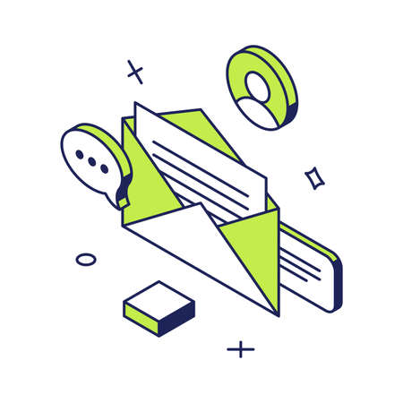 Customer feedback paper letter isometric vector illustration. Email marketing, internet chatting support, contact us online form. Client assistance incoming message, correspondence communicationのイラスト素材