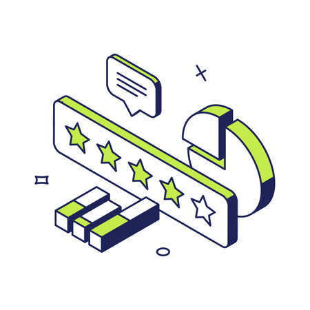 Clients feedback marketing campaign strategy analyzing brand quality improvement isometric vector illustration. Cyberspace review customers satisfaction evaluation analytics opinion rating reputationのイラスト素材
