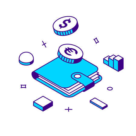 Cash payment analyzing diagram with wallet and metallic currency coins 3d icon isometric vector illustration. Internet buying financial business banking retail budget counting commercial purchaseのイラスト素材