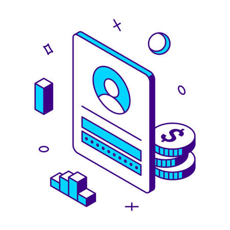 Personal digital account for online payment store purchasing credit card data information 3d icon isometric vector illustration. Electronic pay e commercial technology comfortable internet shoppingのイラスト素材