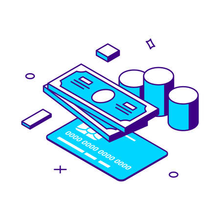 Online payment financial success with credit card cash money currency and coins pile for banking transaction 3d icon isometric vector illustration. Internet buying purchasing wealth and richnessのイラスト素材
