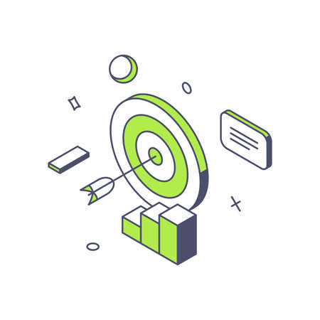 Successful corporate marketing strategy goal achievement data analyzing 3d icon isometric vector illustration. Business competition winning accuracy target dartboard arrow. Leadership solution ideaのイラスト素材