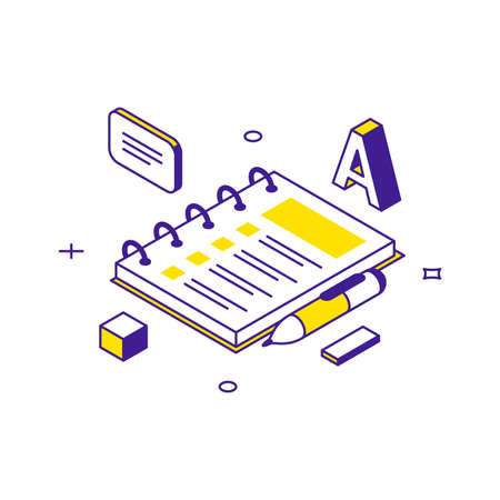Paper notepad on spring for studying making notes with pen 3d icon isometric vector illustration. Book booklet blank for education science writing reminder communication school university learningのイラスト素材