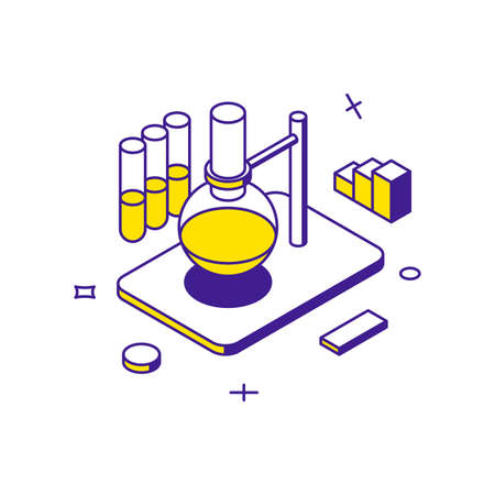 Scientific laboratory chemistry research with flask 3d icon isometric vector illustration. Minimalist science medicine and knowledge, biology examination, academic education, discovery explorationのイラスト素材