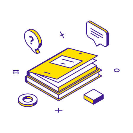 Paper books textbooks education knowledge studying at school university college 3d icon isometric vector illustration. Library novel or notepad making notes, dairy, planning, reminder, science readingのイラスト素材
