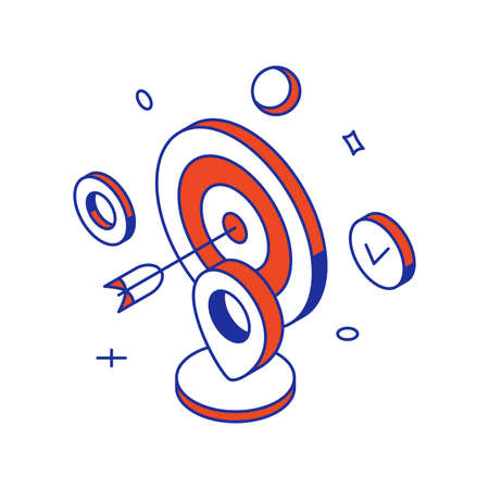 Successful SEO marketing strategy analyzing with dartboard and arrow in center goal achievement 3d icon isometric vector illustration. Search engine optimization management concept research technologyのイラスト素材
