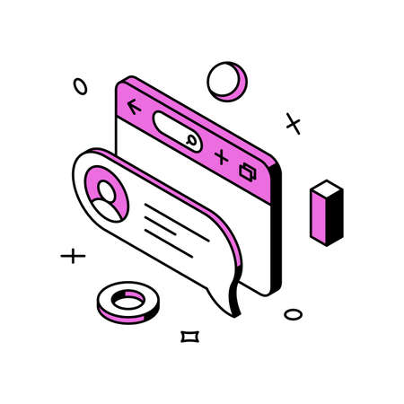 Internet remotely communication chatting browser comment user interface 3d isometric vector illustration. Social network global conversation texting message online tablet laptop web pageのイラスト素材