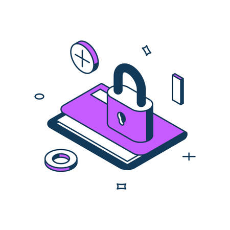 Cyber security personal information protection data file archive documents with lock 3d icon isometric vector illustration. Privacy data safety cloud storage backup antivirus access with passwordのイラスト素材
