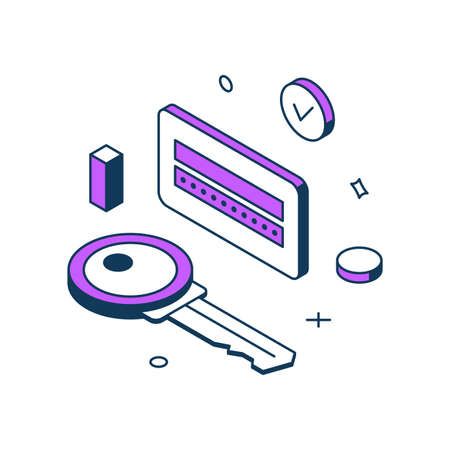 Cyber security personal account log in with password key protective information internet service 3d icon isometric vector illustration. Online data protection user interface login confidential codeのイラスト素材