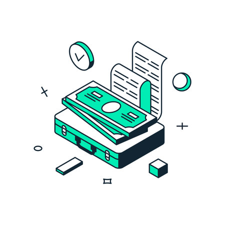 Business investment with money cash dollar paper receipt invoice and briefcase 3d icon isometric vector illustration. Financial account management budget funds currency banking corporate documentsのイラスト素材