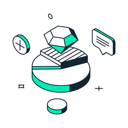 Business investment economy data analyzing treasure gems part sector circle chart 3d icon isometric vector illustration. Banking financial monitoring planning strategy development statistics reportのイラスト素材