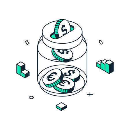 Business investment, banking bill, deposit, money storage piggy bank jar with currency coins isometric vector illustration. Finance economic analytics, funds, donation charity, retirement save investのイラスト素材