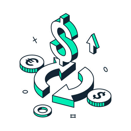 Money currency exchange financial business international investment with coins and circled arrows 3d icon isometric vector illustration. Commercial banking account cash transfer transaction paymentのイラスト素材