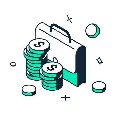 Make money investment briefcase coin stack financial banking income 3d icon isometric vector illustration. Effective finance currency invest rich success investor portfolio stock market tradeのイラスト素材