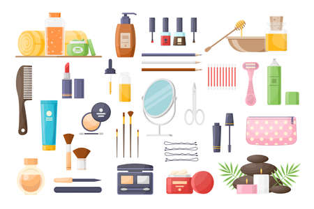 Collection feminine beauty body, face and hair care products vector flat illustration. Set organic natural cosmetics cream, lotion, serum, hairdressing accessories, decorative visage and spa relaxingのイラスト素材