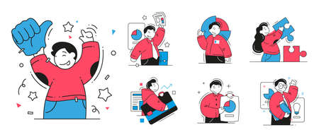 Collection happy business man and woman celebrating success profit growth moving up corporate efficiency vector flat illustration. Analyzing graph solving problem having idea strategy developmentのイラスト素材