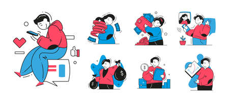 Collection rich man woman carrying pile cash money dollar in wallet and sack analyzing profit vector flat illustration. Business people statistic account balance income savings chatting use smartphoneのイラスト素材