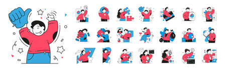 Successful business people celebrating financial independence corporate profit analyzing big set vector flat illustration. Rich man and woman solving problem, use digital devices, economy investmentのイラスト素材