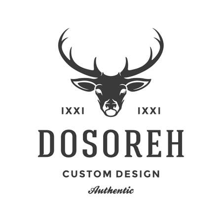 Hunting shop with deer head vector logo. Vintage black silhouette of hunting trophy with advertisement for retro club men. Lucky shooter wall decoration in elegant victorian style.のイラスト素材
