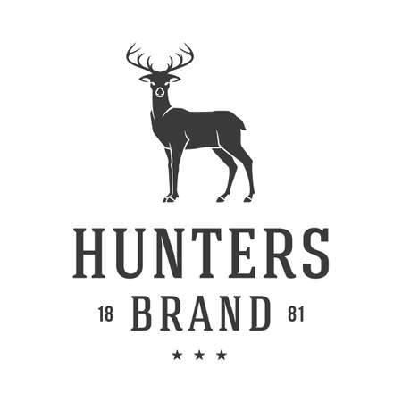 Hunter brand with majestic horned deer vector logo. Desired loot stylized silhouette in retro vintage style. Gambling trophy pursuit and reliable equipment for long monochrome hunt.のイラスト素材