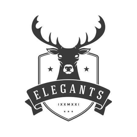 Hunting trophy deer head nailed to shield vector logo. Elegant booty stylized in retro vintage style. Silhouette excitement with trophy tracking and reliable equipment for long hunt.のイラスト素材